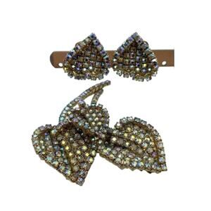 Vintage Aurora Borealis Crystal Leaf Brooch and Clip on Earring Set, Demi Parure